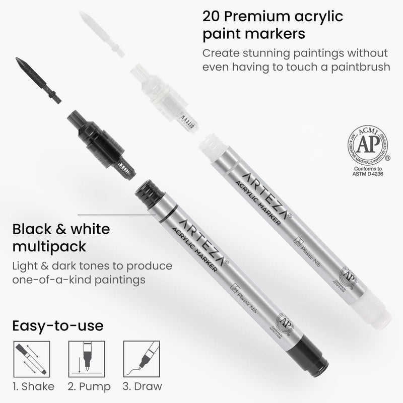ARTEZA Acrylic Paint Markers, Set of 20 Black & White Acrylic Paint Pens, Art Markers for Glass, Pottery, Ceramic, Plastic, Rocks, and Canvas - Image 2