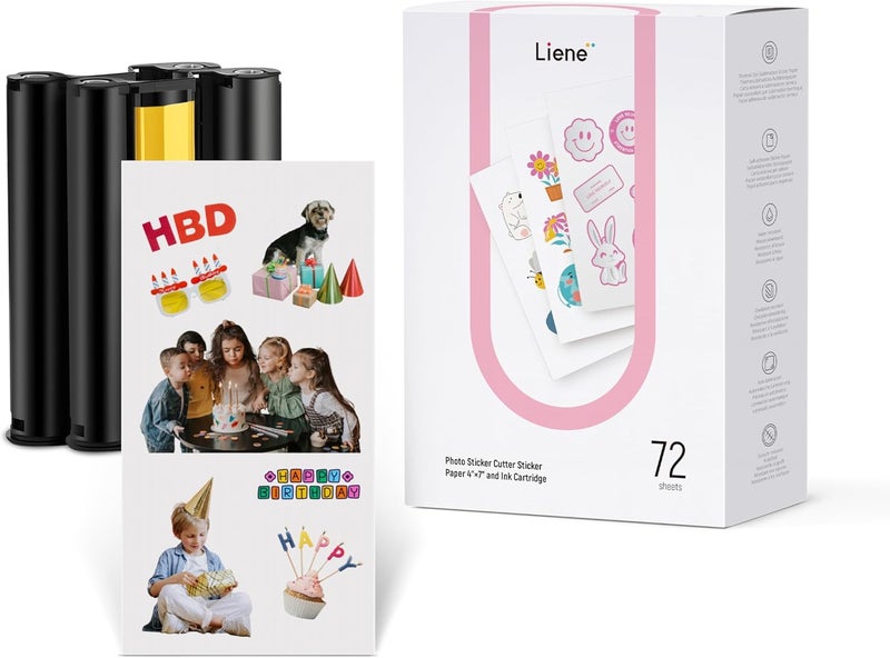 Liene Sticker Paper & Cartridge, 2 Ink Cartridge Refill & 72 sheets photo papers, 4x7", Dye Sublimation, Water & Oxidation-Proof, Compatible w/ PixCut S1 Photo Sticker Printer and Cutter - Image 1