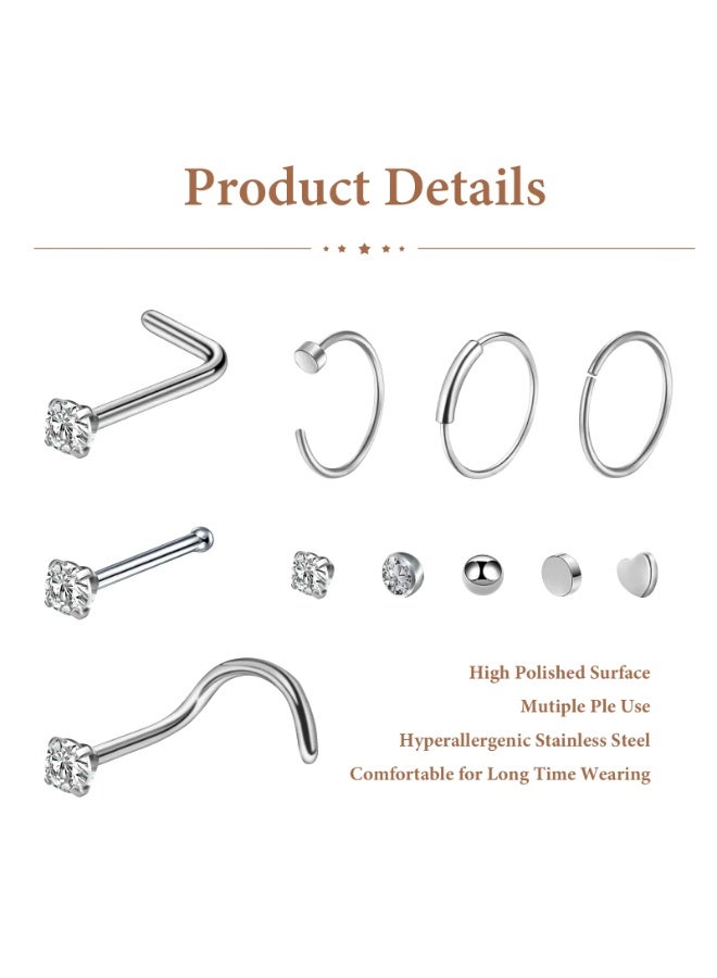 FAYET 21PCS Surgical Steel Nose Rings & Studs Set for Women, Small Silver Hoops, L-Shaped & Screw Nose Jewelry, Hypoallergenic - Image 2