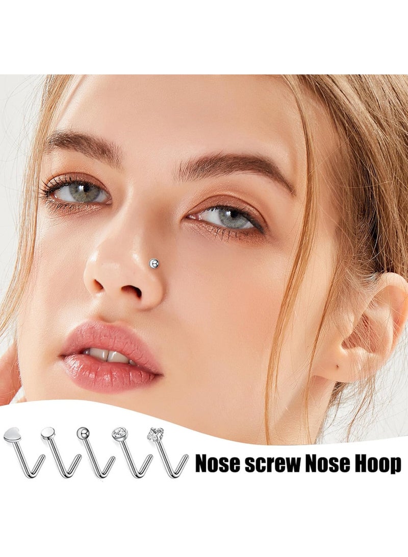 FAYET 21PCS Surgical Steel Nose Rings & Studs Set for Women, Small Silver Hoops, L-Shaped & Screw Nose Jewelry, Hypoallergenic - Image 3