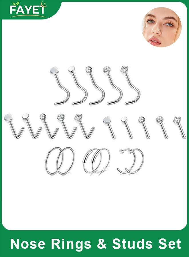 FAYET 21PCS Surgical Steel Nose Rings & Studs Set for Women, Small Silver Hoops, L-Shaped & Screw Nose Jewelry, Hypoallergenic - Image 1