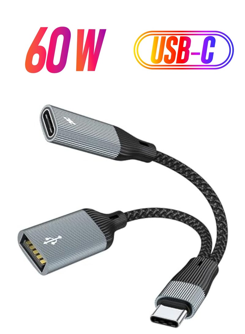 erorex USB C to USB OTG Adapter and Charger Cable, USB C Male to 2USB-C Female Cord, Double USB C Port Hub USB C Charging Split with PD 60W Adapter for Mac, One,Laptop, iPhone, iPad - Image 1
