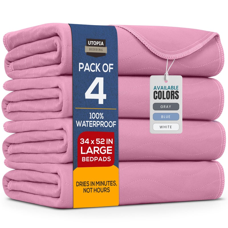 Utopia Bedding Washable Underpads 34" x 52" (Pack of 4), Waterproof Reusable Heavy Absorbency Incontinence Bed Pads for Adults, Kids, Elderly and Pets, Bedwetting Pads for Sofa and Couch (Pink) - Image 1