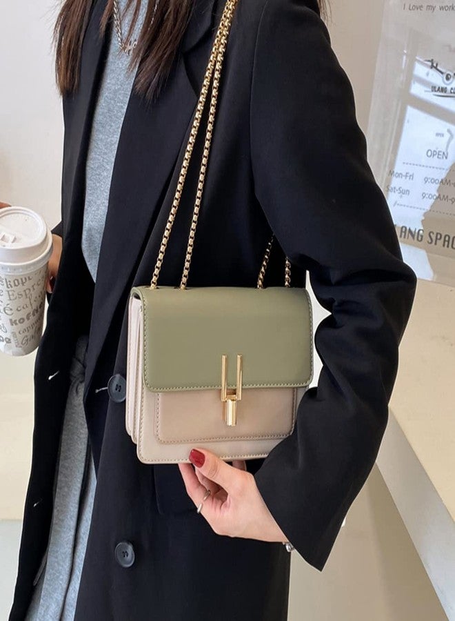 AMHDV Small Shoulder Chain Bag Color Block Crossbody Purse Square Flap Leather Handbag for Women (A-green) - Image 2