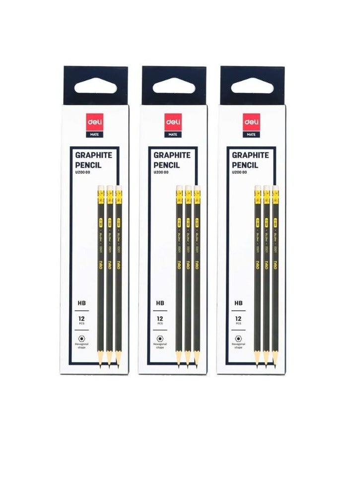 Deli قلم رصاص جرافيت HB مكون من 36 قطعة مع ممحاة أسود/أصفر - Image 1