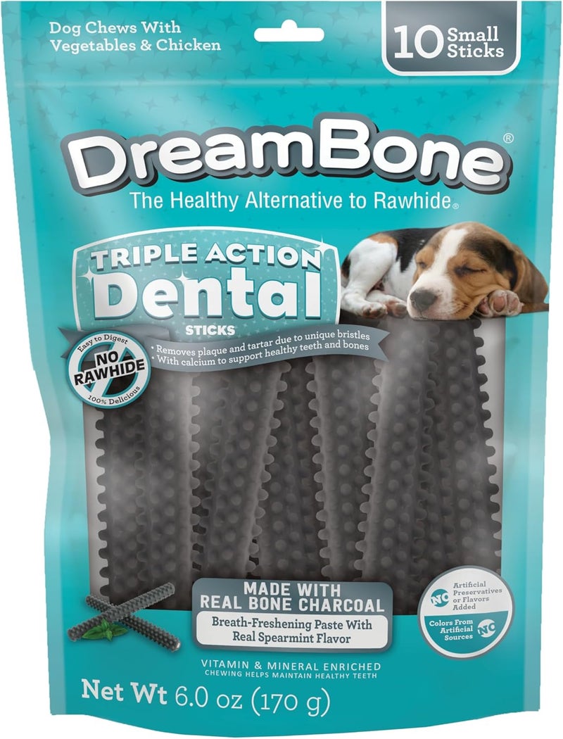 DreamBone Triple Action Dental Sticks Charcoal, 10 Count, Rawhide-Free Chews for Small and Medium Sized Dogs Freshens Breath - Image 1