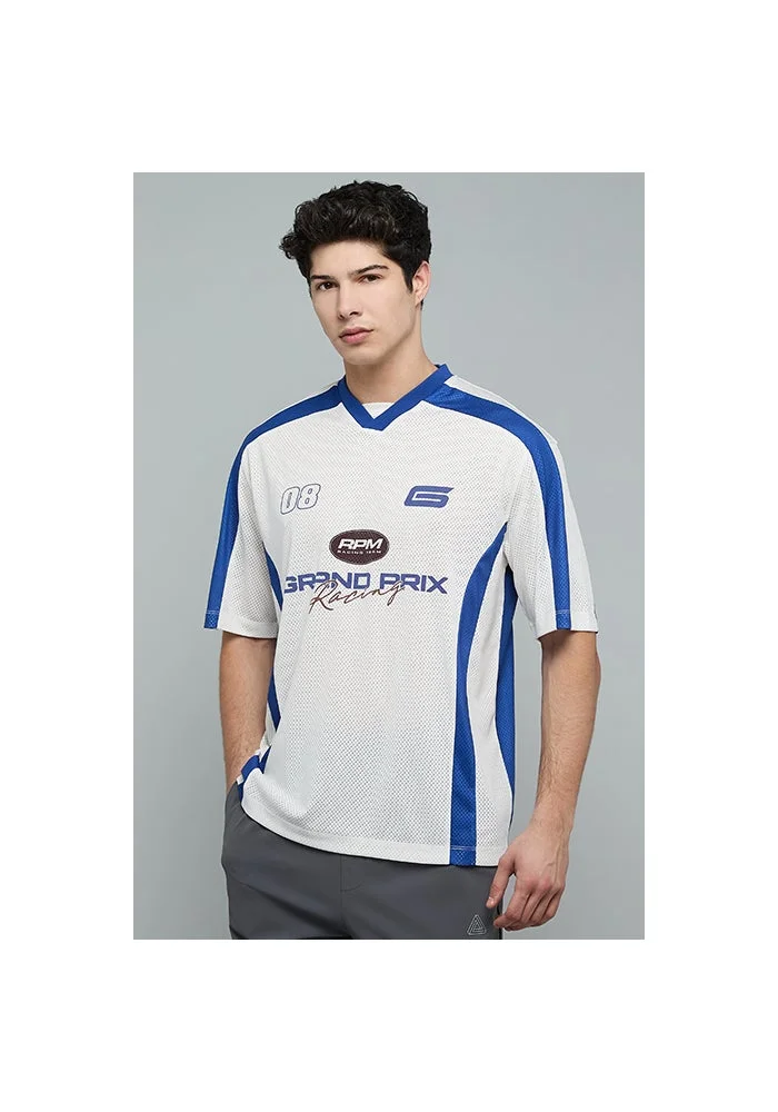 أر أند بي Color Block T-Shirt with V-Neck and Short Sleeves