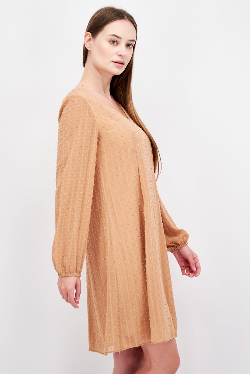 INC Women Textured Chiffon Back Tie Detail Shift Dress, Tan - Image 3