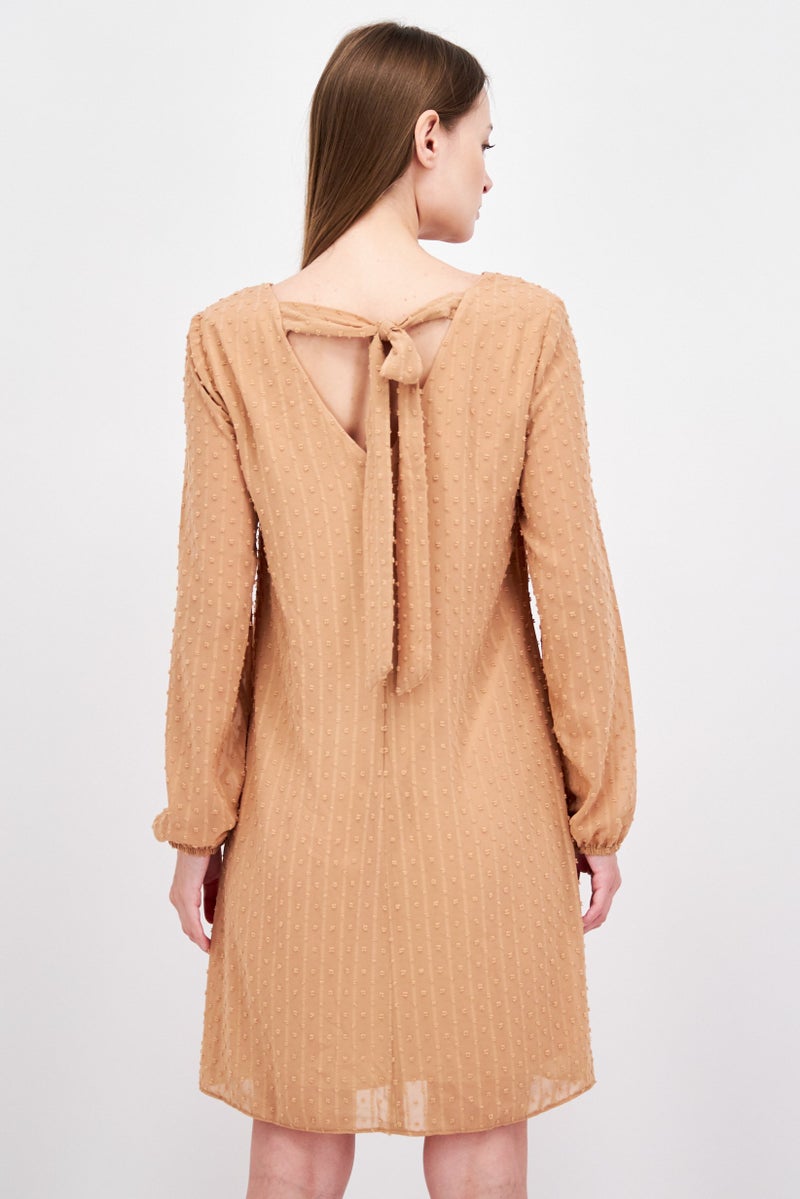 INC Women Textured Chiffon Back Tie Detail Shift Dress, Tan - Image 4