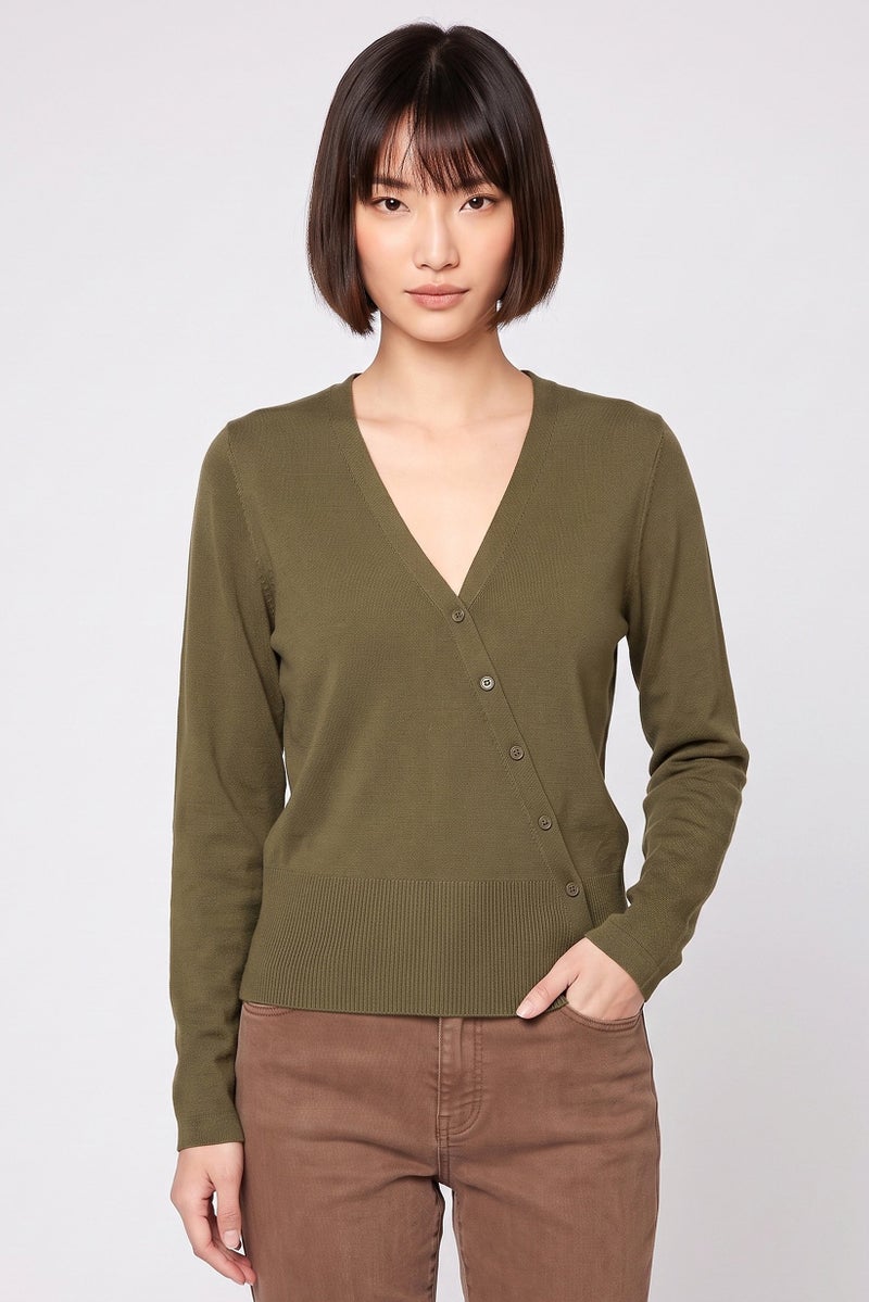 Threadbare Women V Neck Long Sleeve Knitted Cardigans, Olive - Image 1