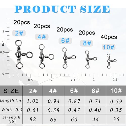 Shaddock Fishing 3 Way Swivels Fishing Kit 120pcs Heavy Duty Three Way Fishing Swivels Crossline Barrel Swivels Tackles T-Shape Fishing Line Connector Catfish Rig Triple Swivels for Saltwater Surf Fishing Rig - Image 2