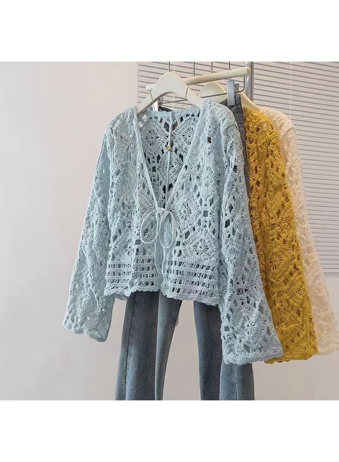 Light Blue Women's French Resort Style Hollow Crochet Knitted Cardigan, Loose Long Sleeve Niche Top