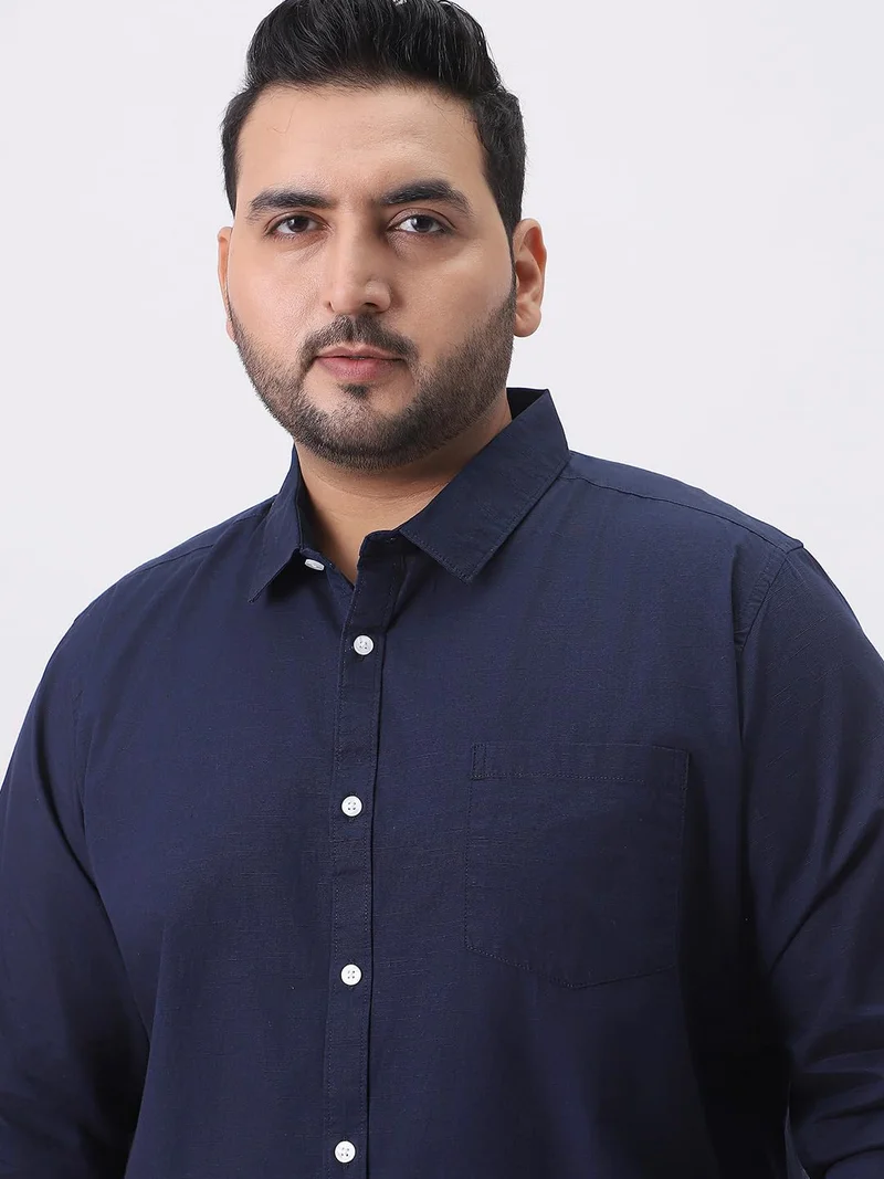 Urbano Fashion  Urbano Plus Men's Navy Cotton Full Sleeve Regular Fit Casual Solid Slub Shirt with Spread Collar  | Best Price UAE