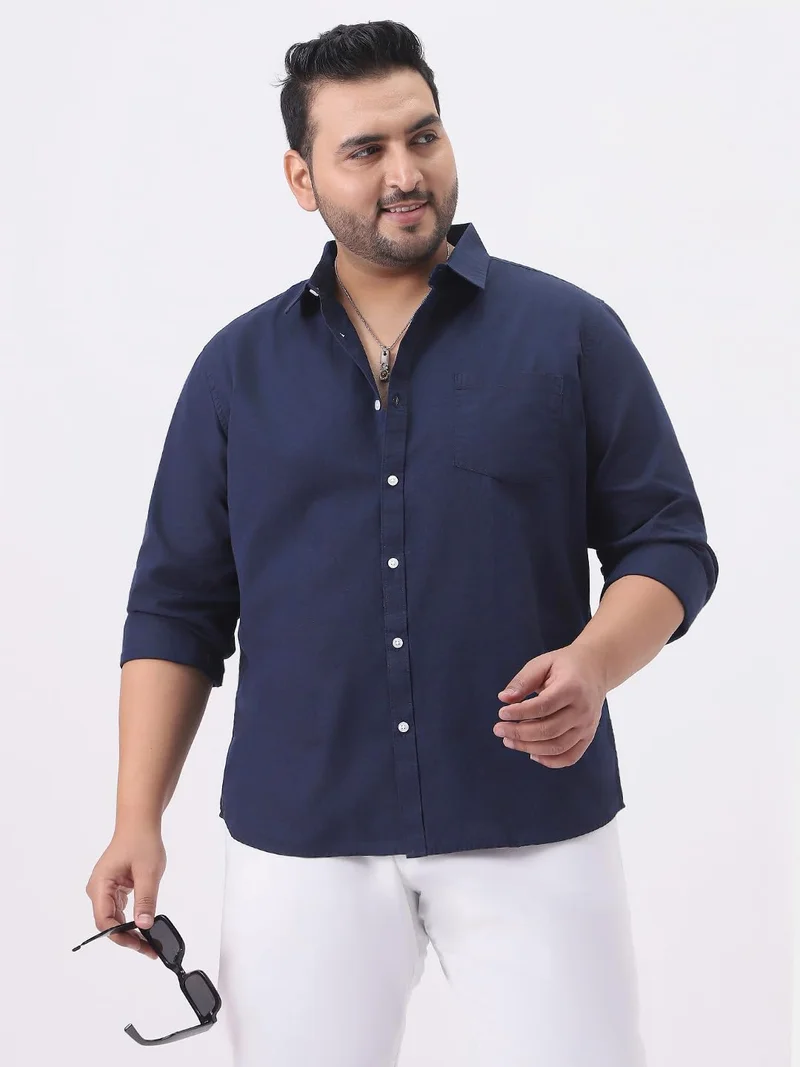 Urbano Plus Men's Navy Cotton Full Sleeve Regular Fit Casual Solid Slub Shirt with Spread Collar