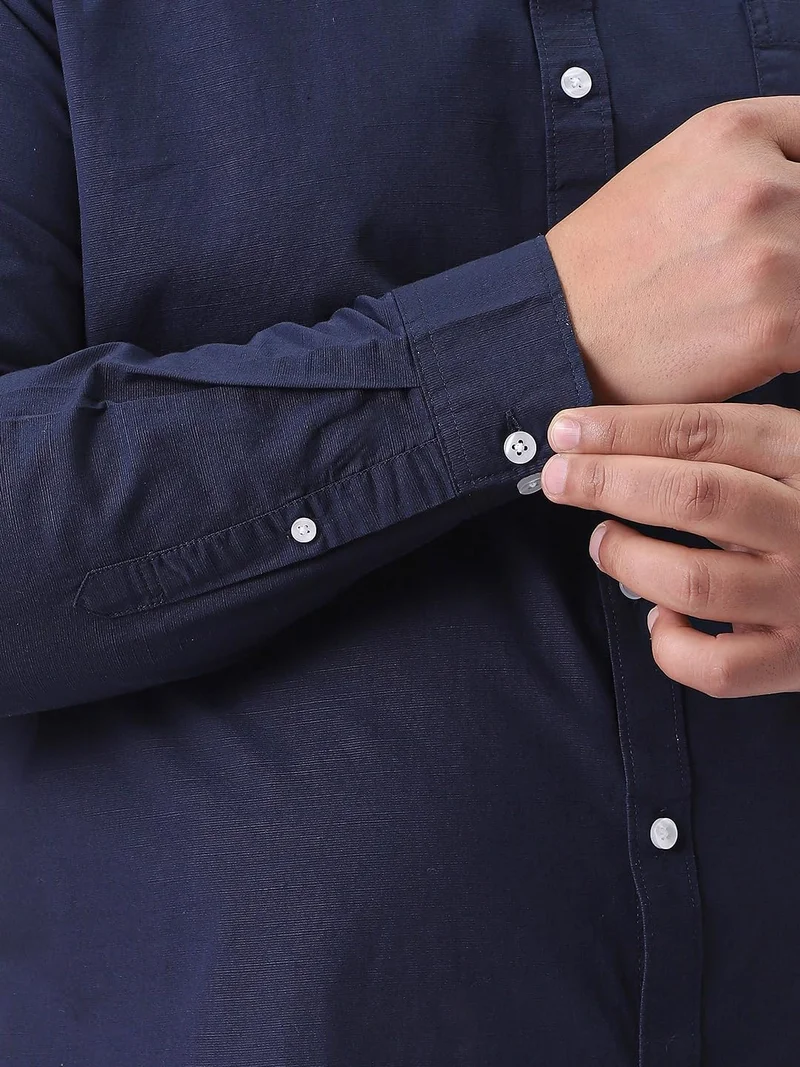 Urbano Fashion  Urbano Plus Men's Navy Cotton Full Sleeve Regular Fit Casual Solid Slub Shirt with Spread Collar  | Best Price UAE