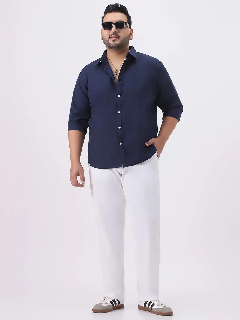 Urbano Fashion  Urbano Plus Men's Navy Cotton Full Sleeve Regular Fit Casual Solid Slub Shirt with Spread Collar  | Best Price UAE