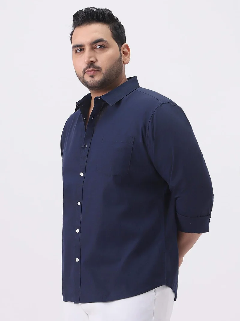 Urbano Fashion  Urbano Plus Men's Navy Cotton Full Sleeve Regular Fit Casual Solid Slub Shirt with Spread Collar  | Best Price UAE