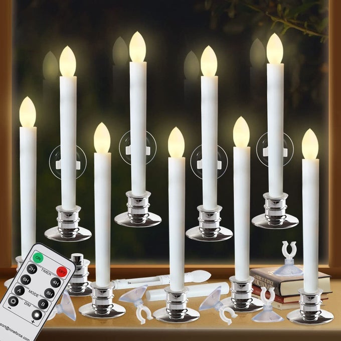 10 Pack Flameless Taper Candles with RemoteTimer Suction Cup Battery Operated Flickering LED Window Candles Vintage Christmas Electric Fake Candlesticks Silver Holder
