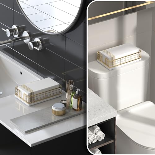 Wican Guest Towel Holder Tray for Bathroom, Oak and Iron Napkins Holder for Powder Room Dinning Table Wooden Basket for Disposable Paper Hand Towels Gold and White - Image 2
