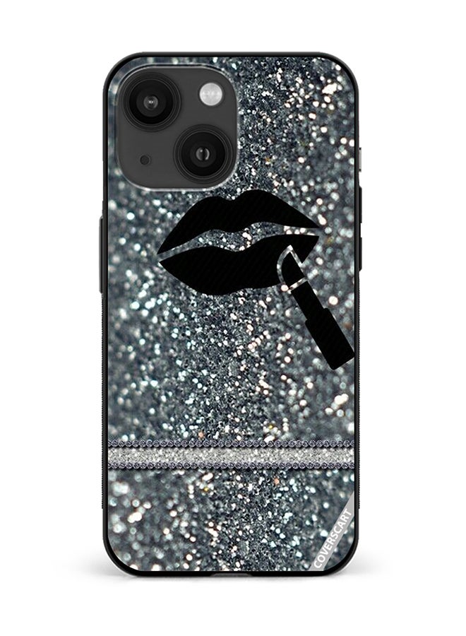 Protective Case Cover For Apple iPhone 15 Plus Lipstick On Silver Glitter Design Multicolour