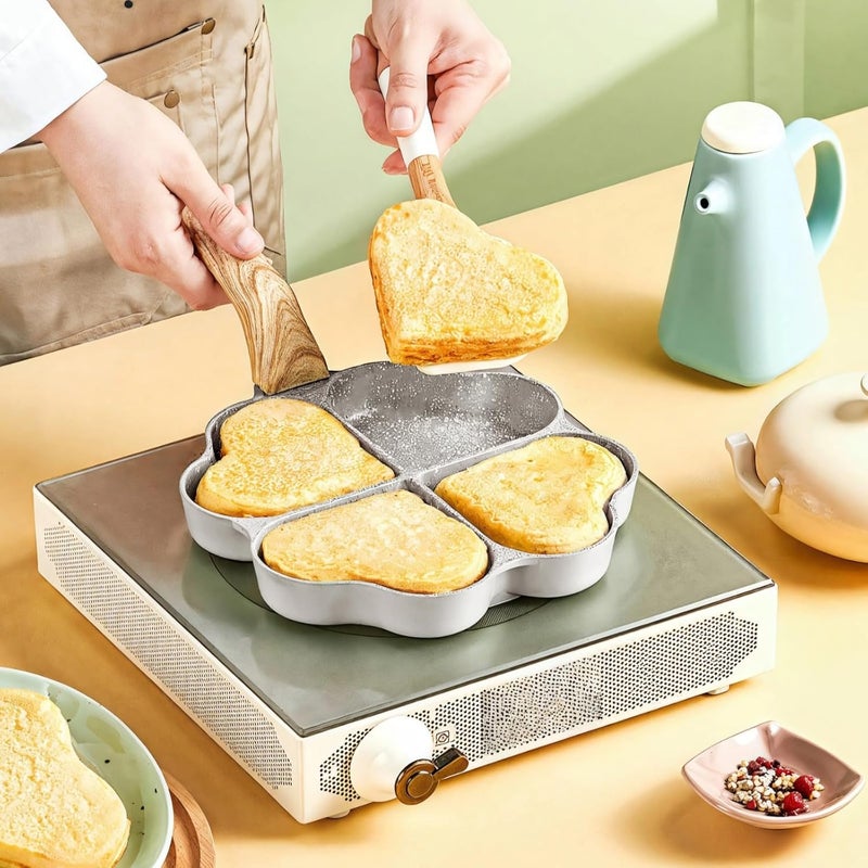 Nonstick Aluminum, 7.87 In/20 Cm, White Heart, Four Compartment Pan, Gas and Induction, Fried Egg Breakfast Pan - Image 4