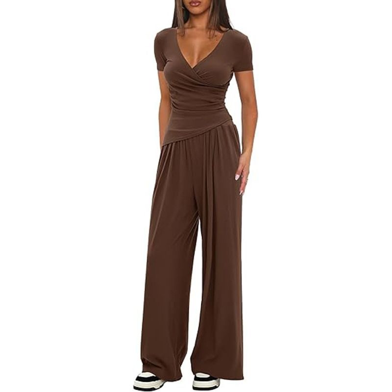 Cross-border Solid Color 2-Piece Casual V-Neck Short-Sleeve Wide-Leg Pants Lounge Set