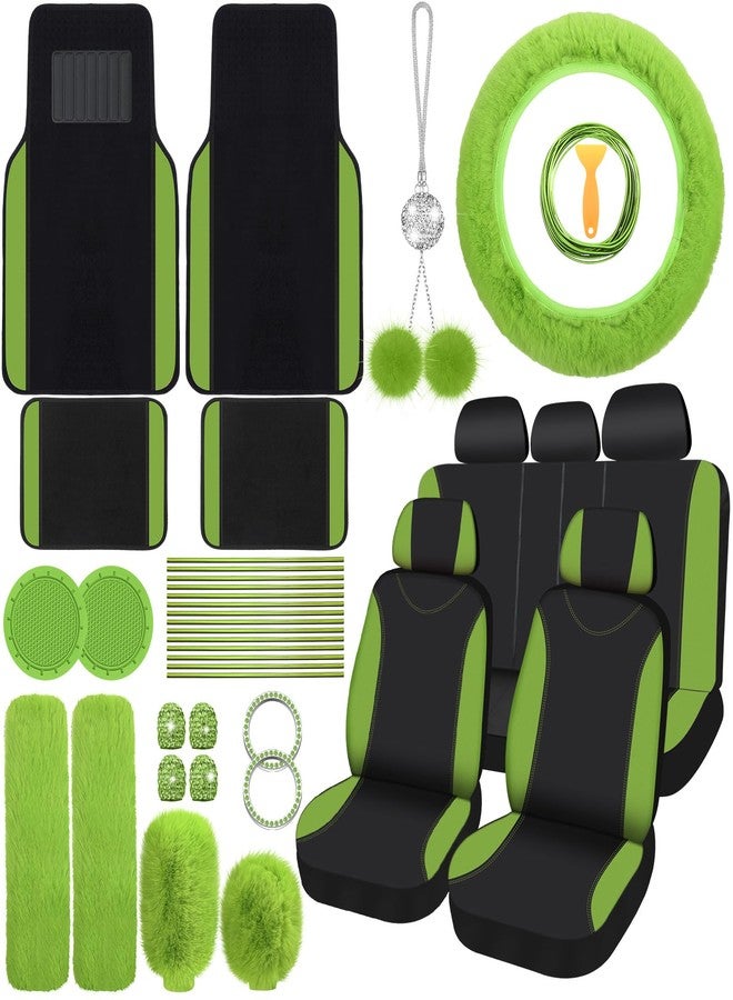Woanger 47 Car Seat Cover Full Set for Women Included Car Front Rear Seat Fluffy Steering Wheel Cover Belt Automotive Floor Mats Air Conditioner Decoration Strip Universal(Green) - Image 1