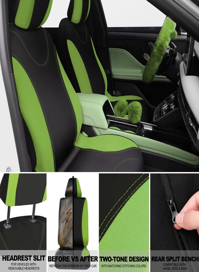 Woanger 47 Car Seat Cover Full Set for Women Included Car Front Rear Seat Fluffy Steering Wheel Cover Belt Automotive Floor Mats Air Conditioner Decoration Strip Universal(Green) - Image 3