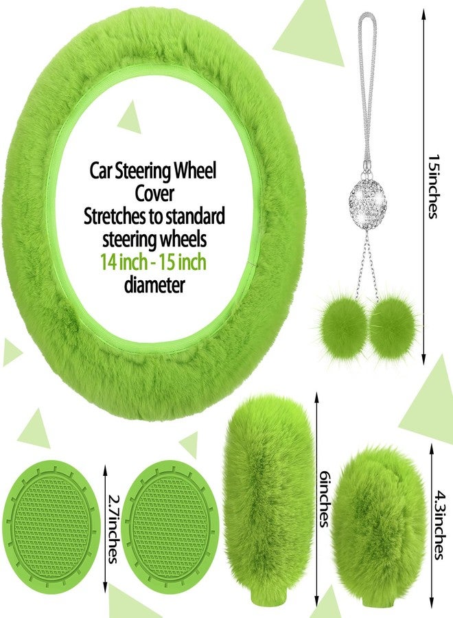 Woanger 47 Car Seat Cover Full Set for Women Included Car Front Rear Seat Fluffy Steering Wheel Cover Belt Automotive Floor Mats Air Conditioner Decoration Strip Universal(Green) - Image 4