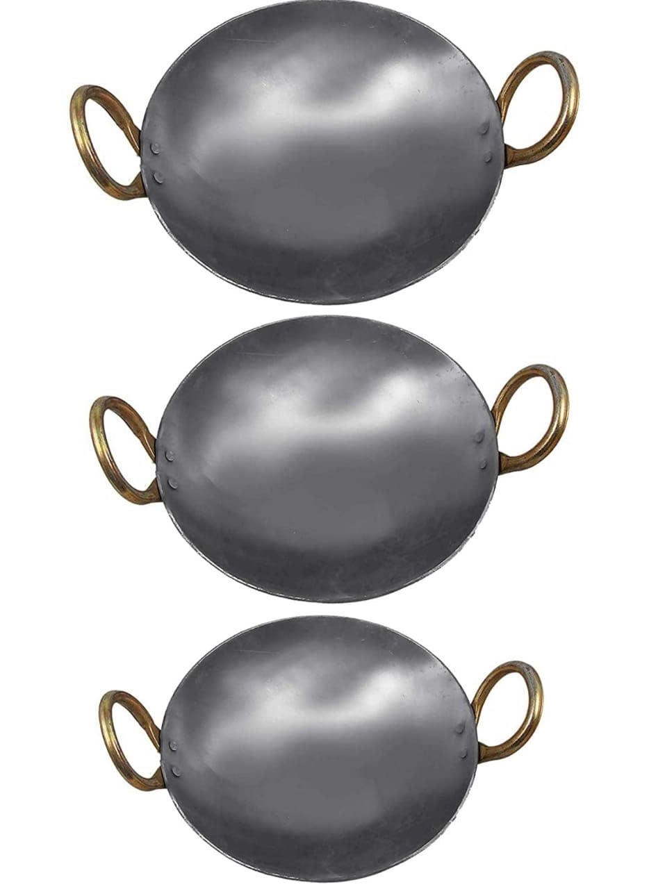 AS A S Heavy Base Traditional Iron Kadhai Handmade pan LohaLokhandLokhandi Kitchen Deep Fry Kadai for Cooking with Golden RingsSilver Color 101112 inch 254 2794 3048 CM  - Image 1