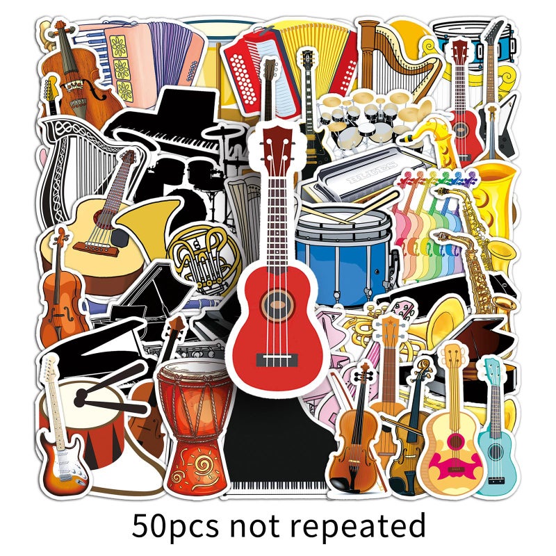 Generic 50 Musical Instruments Graffiti Cross-border Cartoon Piano Goo Card Hand Account DIY Skateboard Phone Case Luggage Case Sticker Waterproof 50 Musical Instruments -567 
