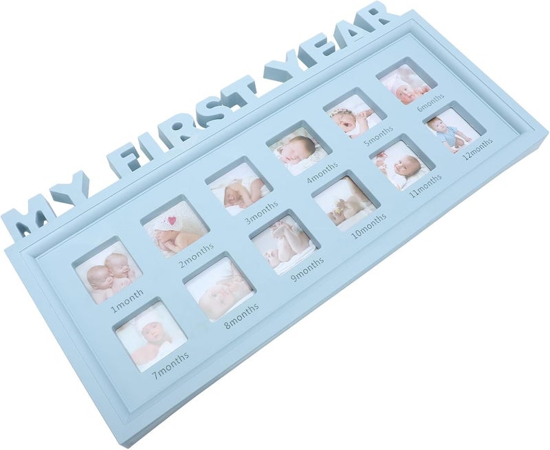 Growth Picture Frame with 12 Monthly Milestones, Blue Keepsake Photo Frame for Nursery Decoration - Image 1