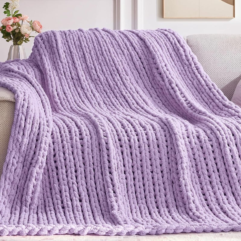 Negwoo Chunky Knit Throw Blanket, 30''*40'' Knitted Throw Chenille Yarn for Bed Couch, Handmade Light Purple Crochet Big Thick Blanket, Machine Washable Cute Comfy Blanket for Home Decor - Image 1