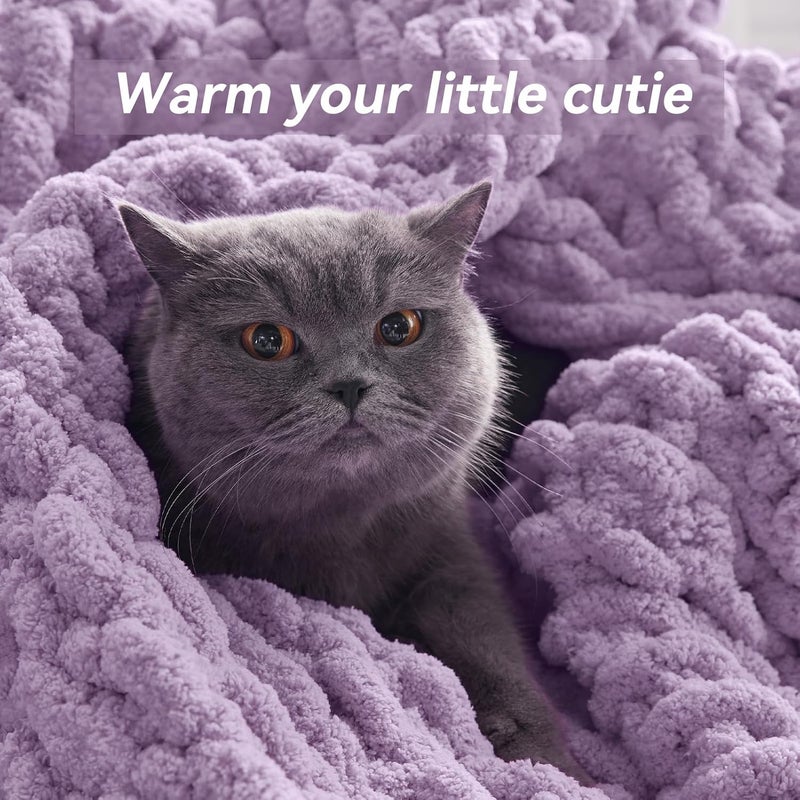 Negwoo Chunky Knit Throw Blanket, 30''*40'' Knitted Throw Chenille Yarn for Bed Couch, Handmade Light Purple Crochet Big Thick Blanket, Machine Washable Cute Comfy Blanket for Home Decor - Image 4