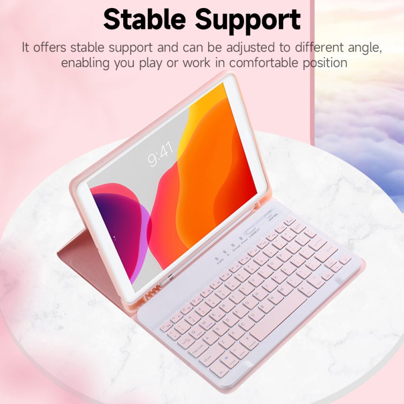 Portable BT Keyboard: Pink Separable Slim Design - Adjustable Stable Support Protective Case With Elastic Silicone Pen Slot for Tablet Work or Play - Image 3