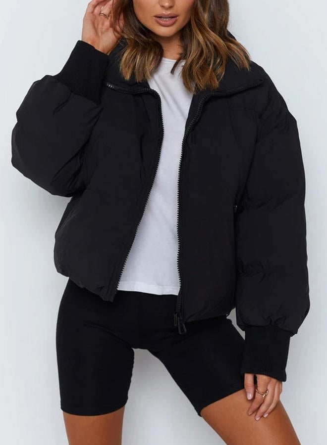 Yimoon Women's Winter Cropped Puffer Jacket Baggy Short Padded Coats Outerwear, Black, M - Image 3
