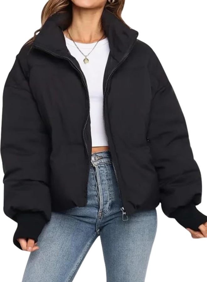 Yimoon Women's Winter Cropped Puffer Jacket Baggy Short Padded Coats Outerwear, Black, M - Image 1