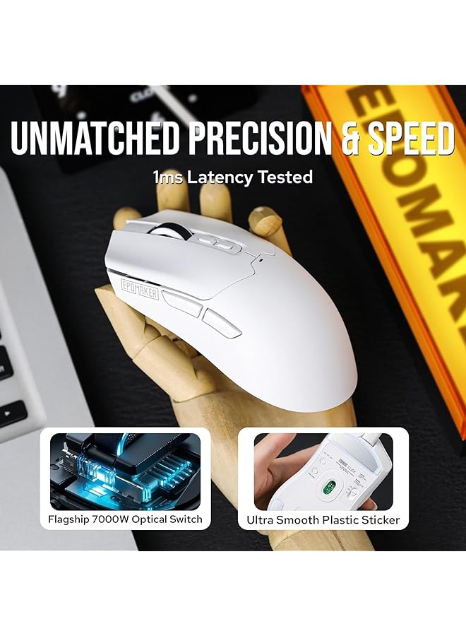 EPOMAKER Click Gaming Mouse Wireless 2.4Ghz/Bluetooth/Type C 800 To 42 000 Dpi Adjustable 8K Polling Rate 500Mah Lightweight Optical Mouse For Pc/Mac/Linux (White) - Image 4