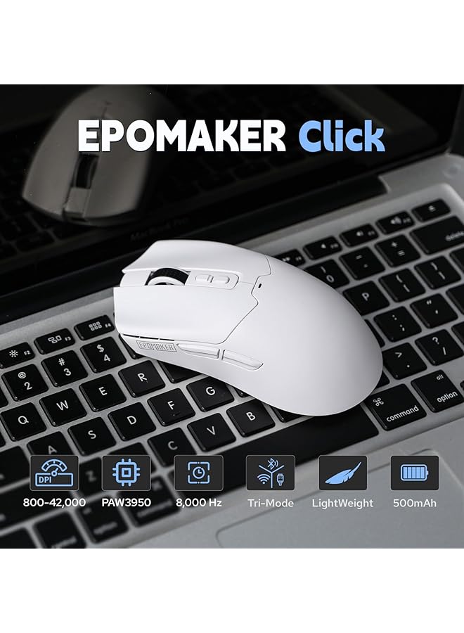 EPOMAKER Click Gaming Mouse Wireless 2.4Ghz/Bluetooth/Type C 800 To 42 000 Dpi Adjustable 8K Polling Rate 500Mah Lightweight Optical Mouse For Pc/Mac/Linux (White) - Image 5