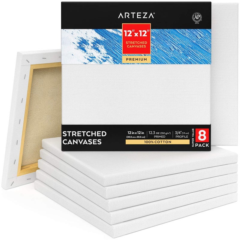 ARTEZA Premium Stretched Canvas, 12 x 12 Inches, Pack of 8, Blank White Square Canvas Boards for Acrylic, Oil and Gouache Painting - Image 1