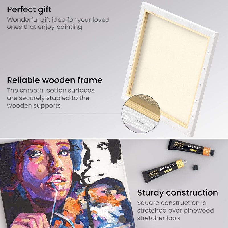 ARTEZA Premium Stretched Canvas, 12 x 12 Inches, Pack of 8, Blank White Square Canvas Boards for Acrylic, Oil and Gouache Painting - Image 4