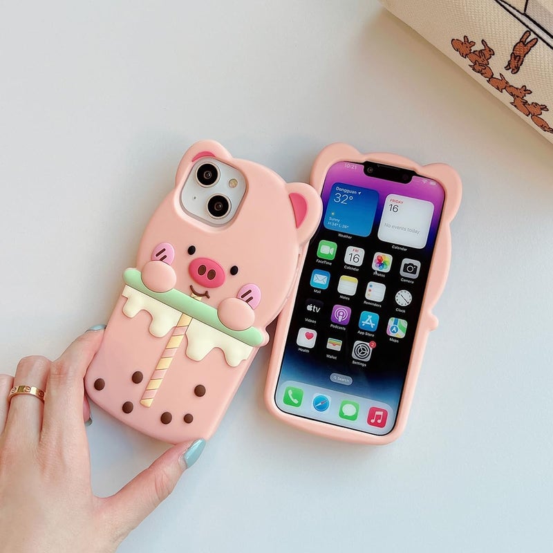 QoKcoahn حافظة متوافقة مع iPhone 13، غطاء كرتوني لطيف ثلاثي الأبعاد كاواي مضحك لخنزير الماء ينفخ الفقاعات للنساء والفتيات، حماية من السقوط من السيليكون الجل الناعم - Image 4