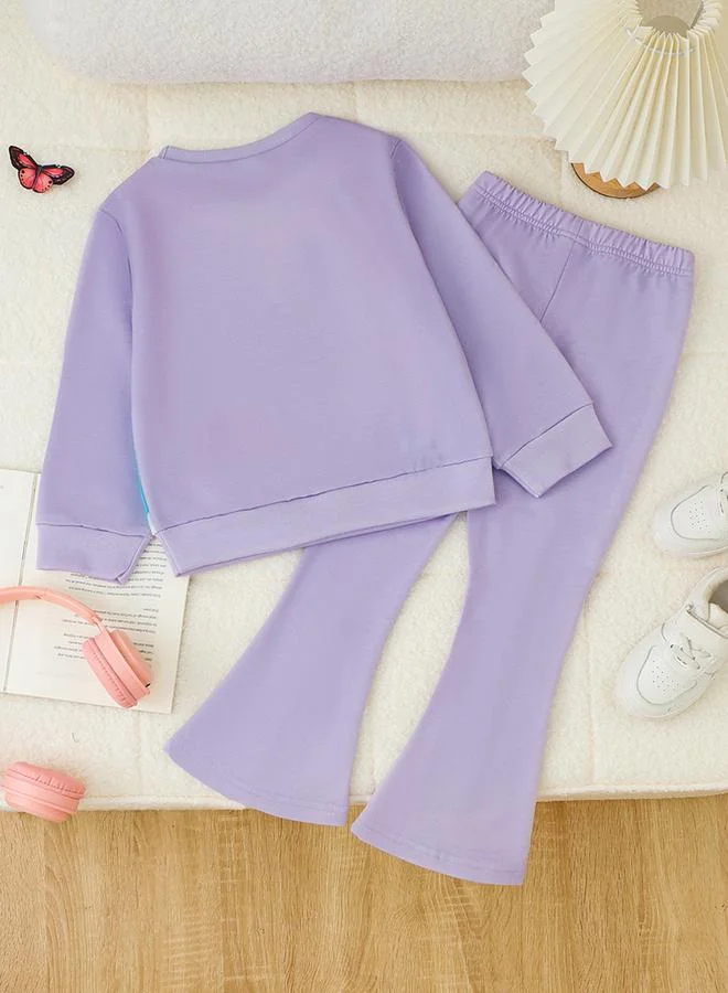 تايك تو Take Two Girl's Graphic Print Long Sleeve T-shirt With Flare Pants Set