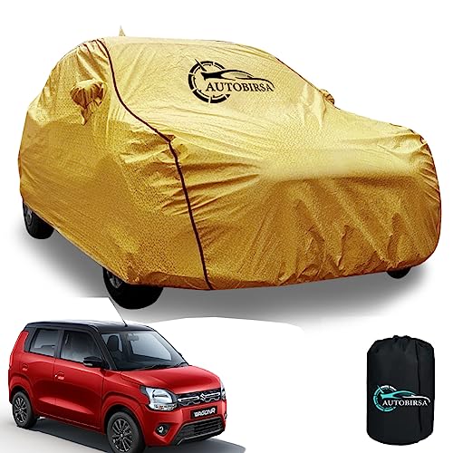 AUTOBIRSA Waterproof Car Body Cover for Maruti Wagon R with Mirror and Antenna Pocket and Soft Cotton Lining (4 Side Elastic Triple Stitched & Metallic Golden with Black Piping Style) - Image 1