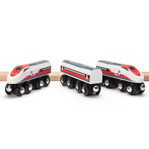 Maxim Enterprise, Maxim Enterprise inc Wooden Bullet Train Wooden Train Set of 2 Modern Engines 1 Sleek Passenger Car with Magnetic Connectors Compatible with Thomas Friends BRIO Other Major Brands - Image 1