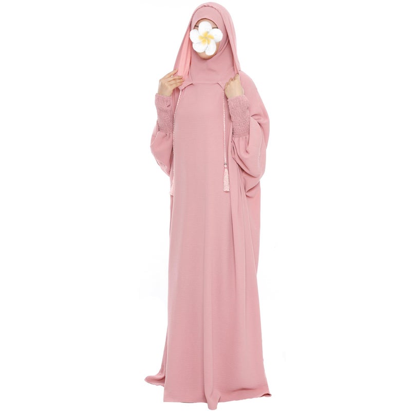 khalat Muslim Prayer Dress Abaya Solid One-Piece Hoodie Abaya Dress for Women Long Maxi Dress Islamic Dubai Jilbab Pink - Image 3