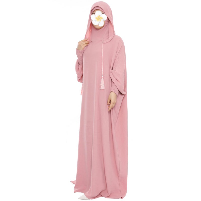 khalat Muslim Prayer Dress Abaya Solid One-Piece Hoodie Abaya Dress for Women Long Maxi Dress Islamic Dubai Jilbab Pink - Image 1