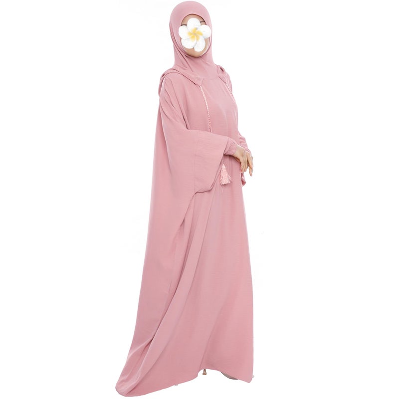 khalat Muslim Prayer Dress Abaya Solid One-Piece Hoodie Abaya Dress for Women Long Maxi Dress Islamic Dubai Jilbab Pink - Image 2