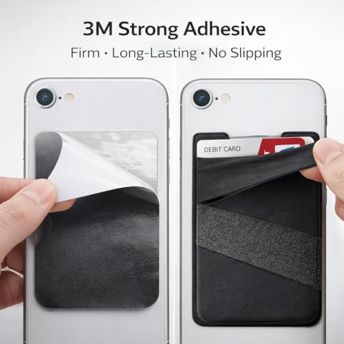 Mizi (2 Pack Adhesive Phone Stretchy Wallet, Card Holder for Back of Phone Stick on Cases, Unique Double Pocket Design + Finger Strap for iPhone/Android/Samsung Galaxy - Black - Image 3
