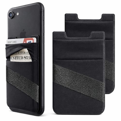 Mizi (2 Pack Adhesive Phone Stretchy Wallet, Card Holder for Back of Phone Stick on Cases, Unique Double Pocket Design + Finger Strap for iPhone/Android/Samsung Galaxy - Black - Image 1